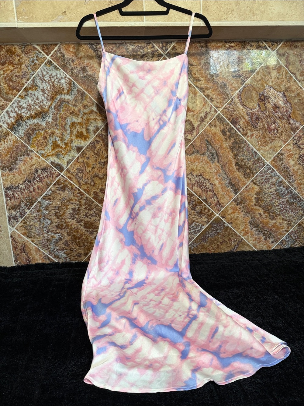 SNDYS Pastel Tie Dye Slip Maxi Dress Pink Blue Satin Feel Small